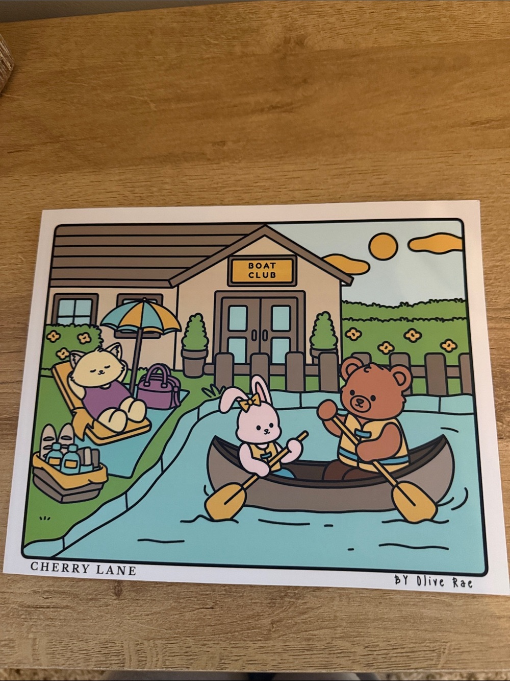 Cherry Lane Boat Club Art Print - Pastel Brown, Green, Blue NEW